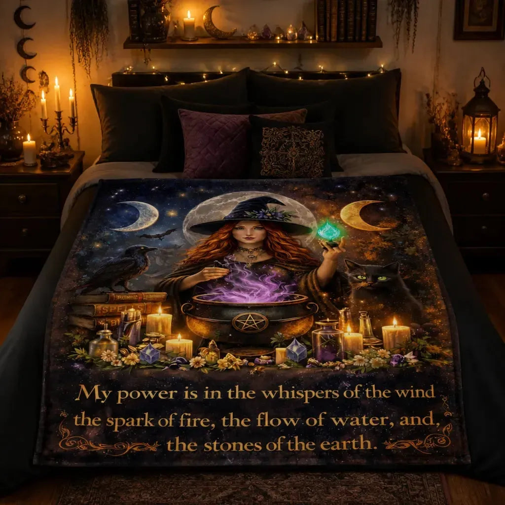 Halloween Witch Blanket with Triple Moon, Black Cat, Raven for Wiccan_mockup_2.webp