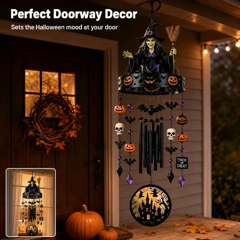 Witch wind chime hanging on a Halloween porch