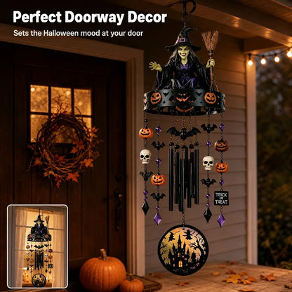 Witch wind chime hanging on a Halloween porch