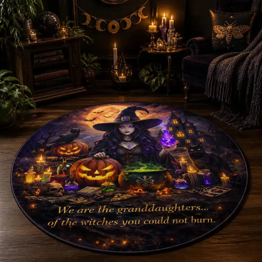 Halloween Witch Round Rug Gothic Raven Black Cat Carpet for Spooky Home Decor_mockup_1.webp