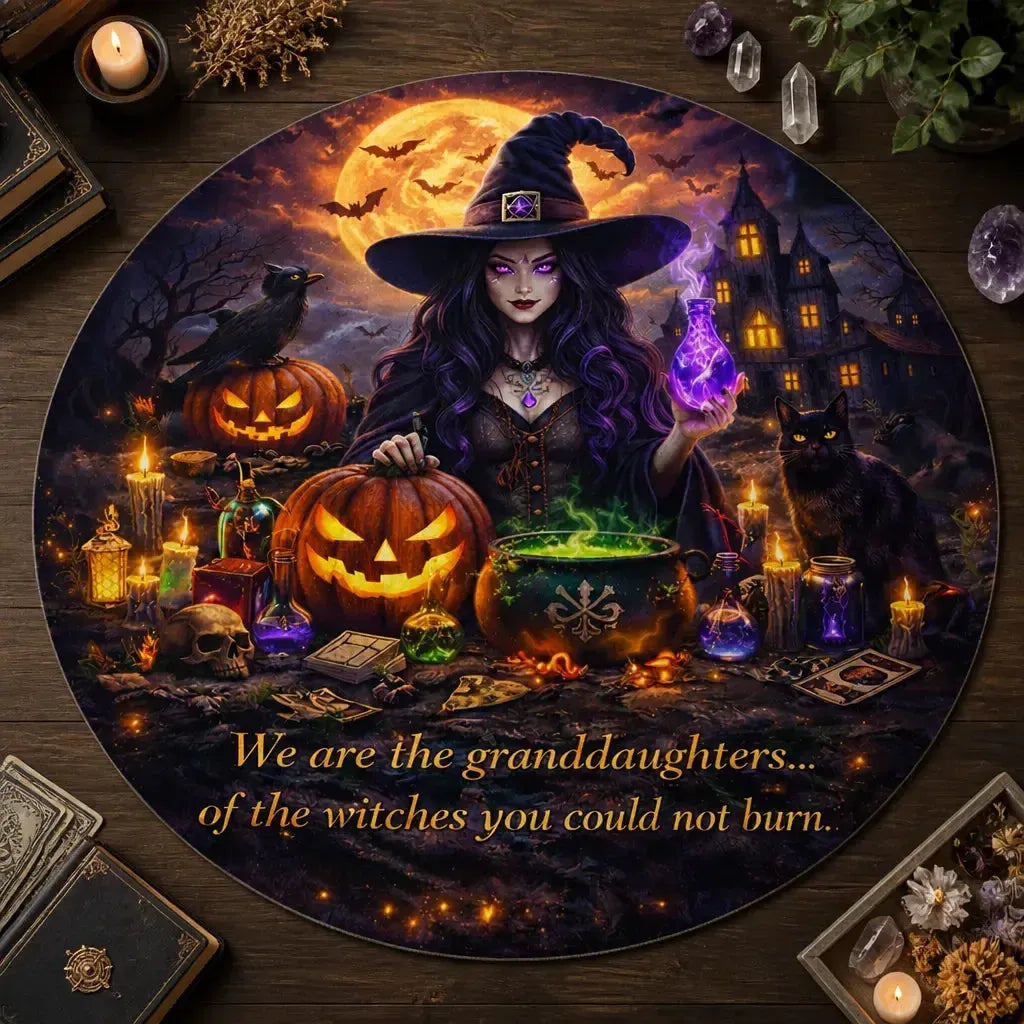 Halloween Witch Round Rug Gothic Raven Black Cat Carpet for Spooky Home Decor_mockup_2.webp