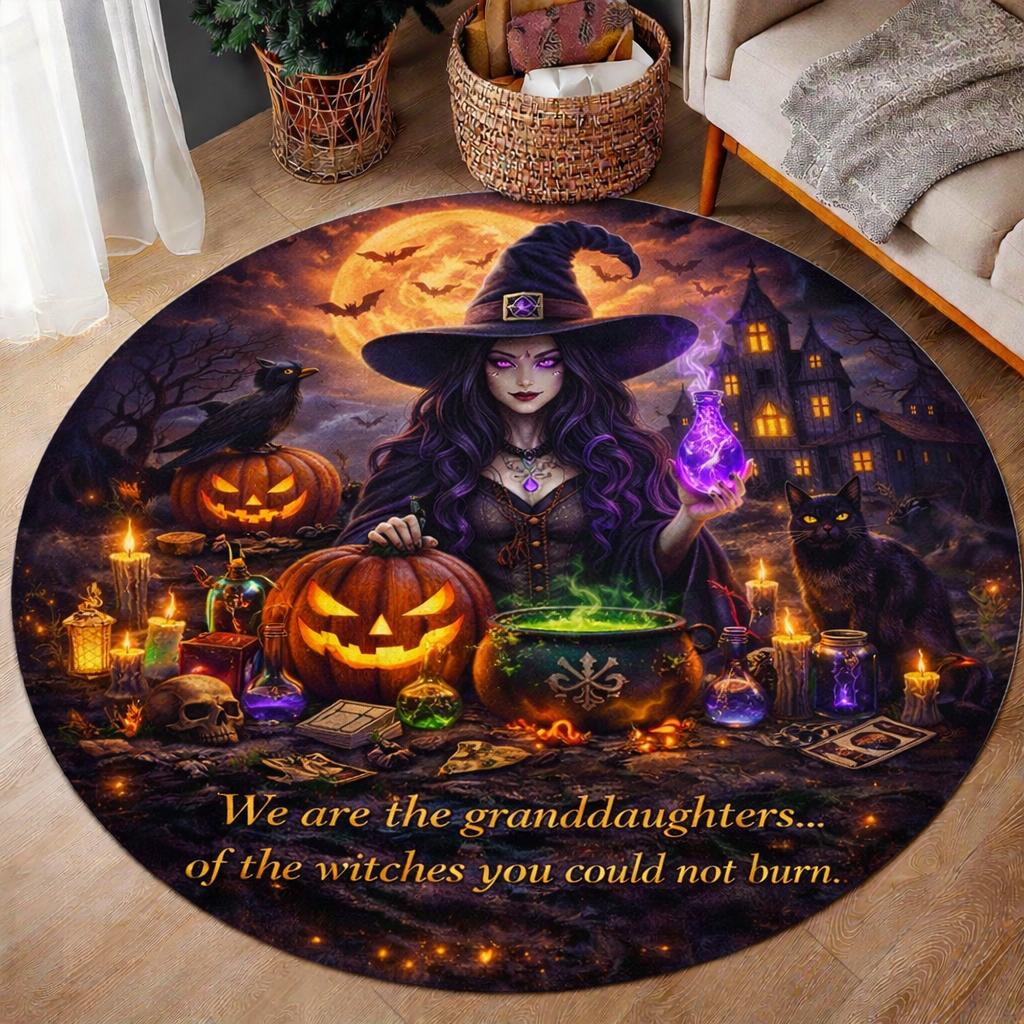 Round Halloween witch rug with raven, black cat, pumpkins, and glowing potion under a full moon.