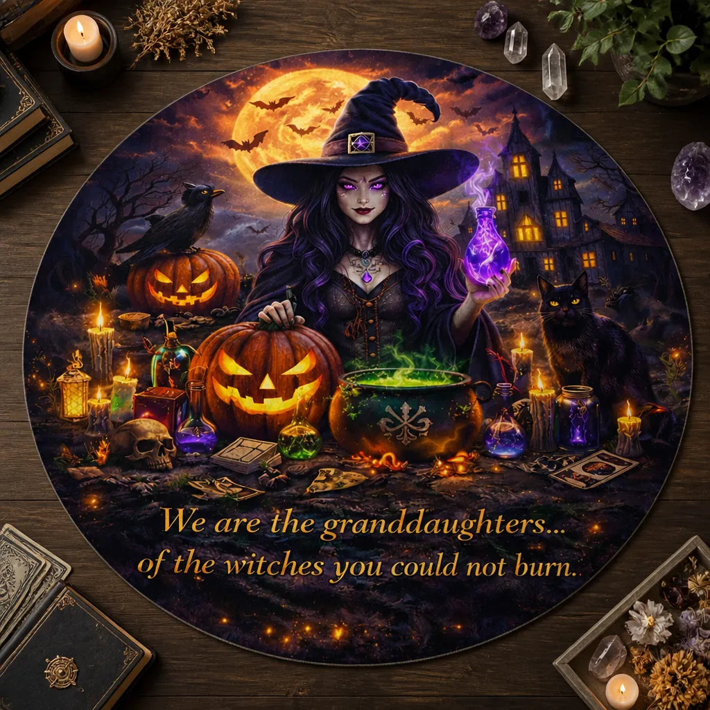 Halloween Witch Round Rug Gothic Raven Black Cat Carpet for Spooky Home Decor_mockup_2.webp