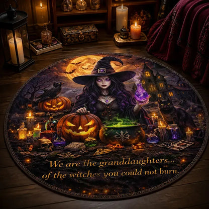 Halloween Witch Round Rug Gothic Raven Black Cat Carpet for Spooky Home Decor_mockup_3.webp