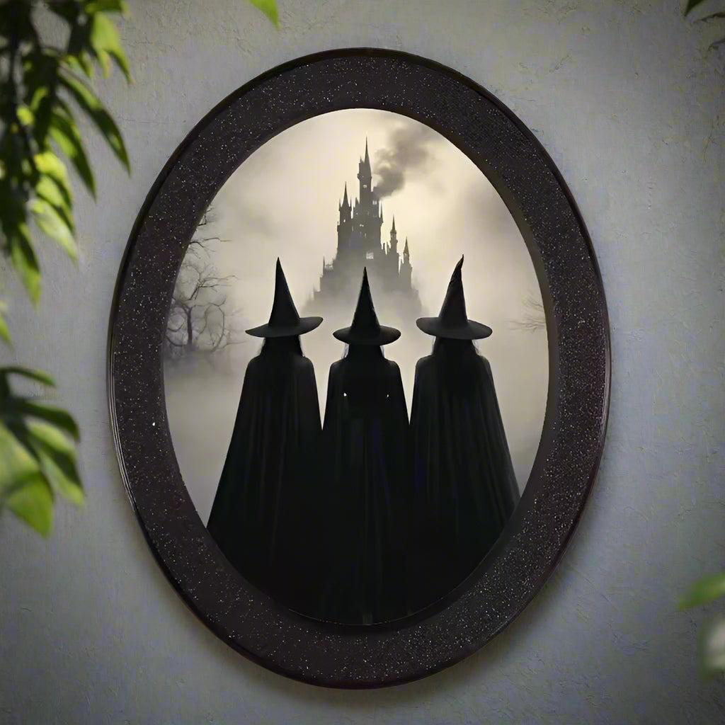 Halloween Witch Silhouette Wall Art - Moon Witch Wooden Oval Frame - Gothic Wall Decoration-MoonChildWorld