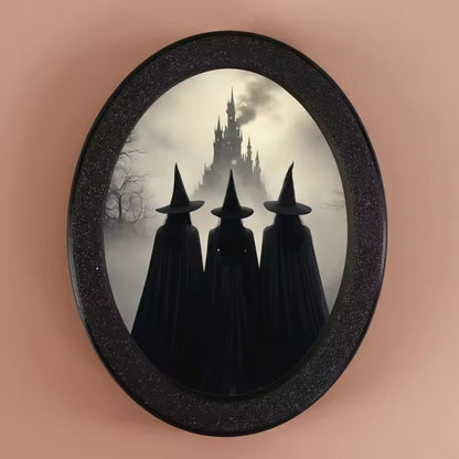 Halloween Witch Silhouette Wall Art - Moon Witch Wooden Oval Frame - Gothic Wall Decoration-MoonChildWorld