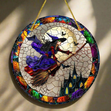 Halloween Witch Suncatcher Gothic Acrylic Round Sign Witch Window Hanging Decor-MoonChildWorld
