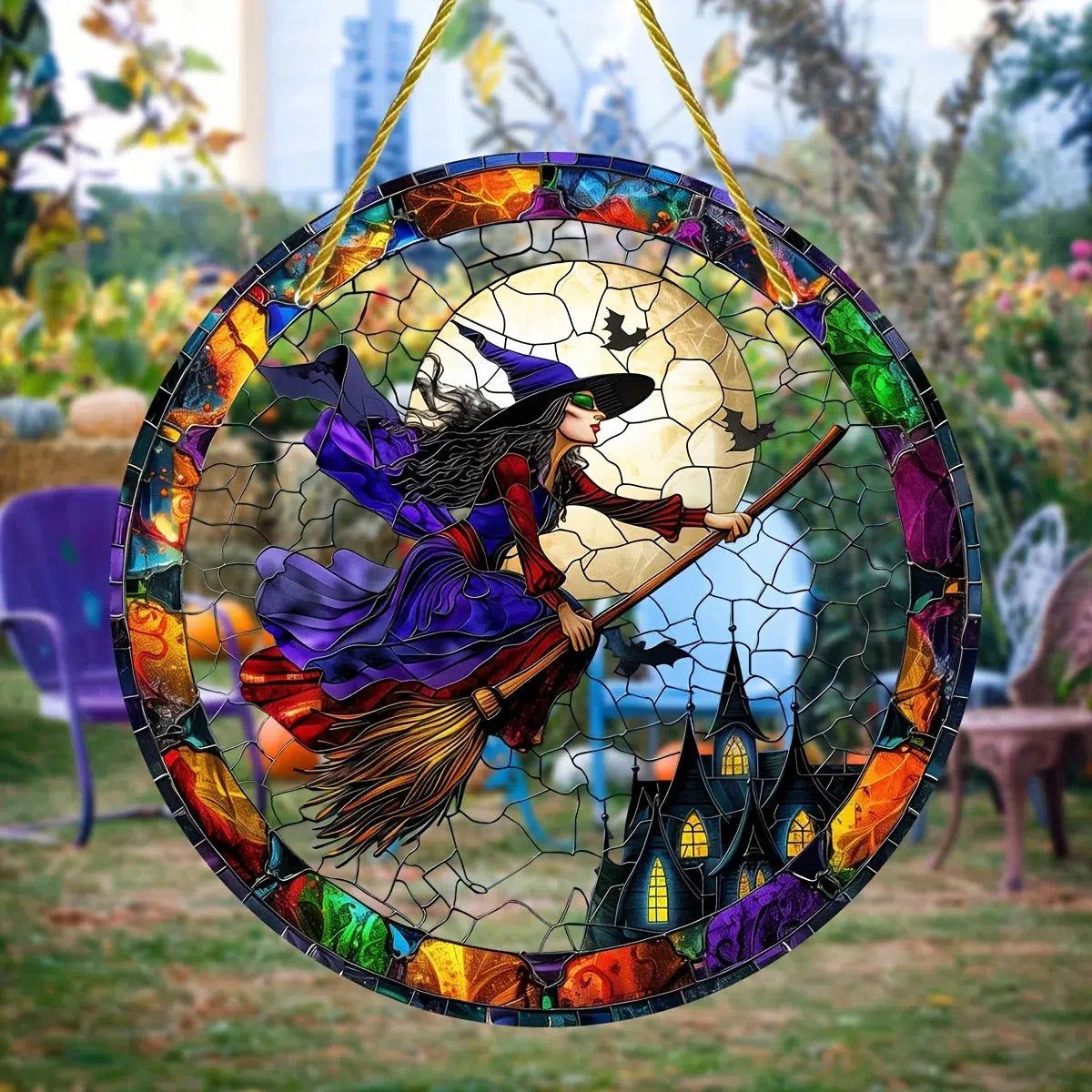 Halloween Witch Suncatcher Gothic Acrylic Round Sign Witch Window Hanging Decor-MoonChildWorld