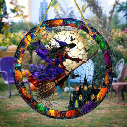 Halloween Witch Suncatcher Gothic Acrylic Round Sign Witch Window Hanging Decor-MoonChildWorld