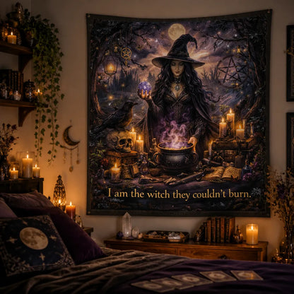 Halloween Witch Tapestry with Raven & Skull – Spooky Gothic Wall Hanging_mockup_1.webp