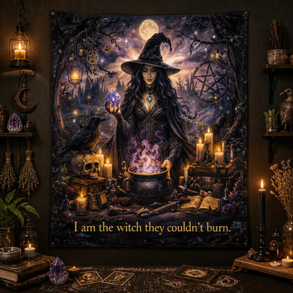 Halloween Witch Tapestry with Raven & Skull – Spooky Gothic Wall Hanging_mockup_2.webp
