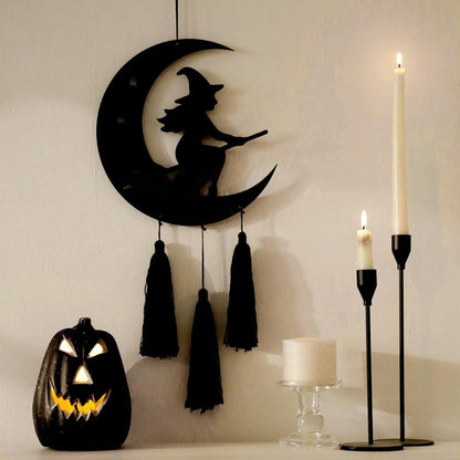 Halloween Witch Wall Hanging - Black Crescent Moon & Witch Design with Tassel Wall Decor-MoonChildWorld