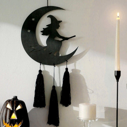 Halloween Witch Wall Hanging - Black Crescent Moon & Witch Design with Tassel Wall Decor-MoonChildWorld
