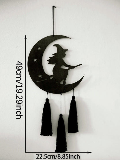 Halloween Witch Wall Hanging - Black Crescent Moon & Witch Design with Tassel Wall Decor-MoonChildWorld