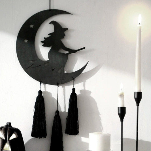 Halloween Witch Wall Hanging - Black Crescent Moon & Witch Design with Tassel Wall Decor-MoonChildWorld