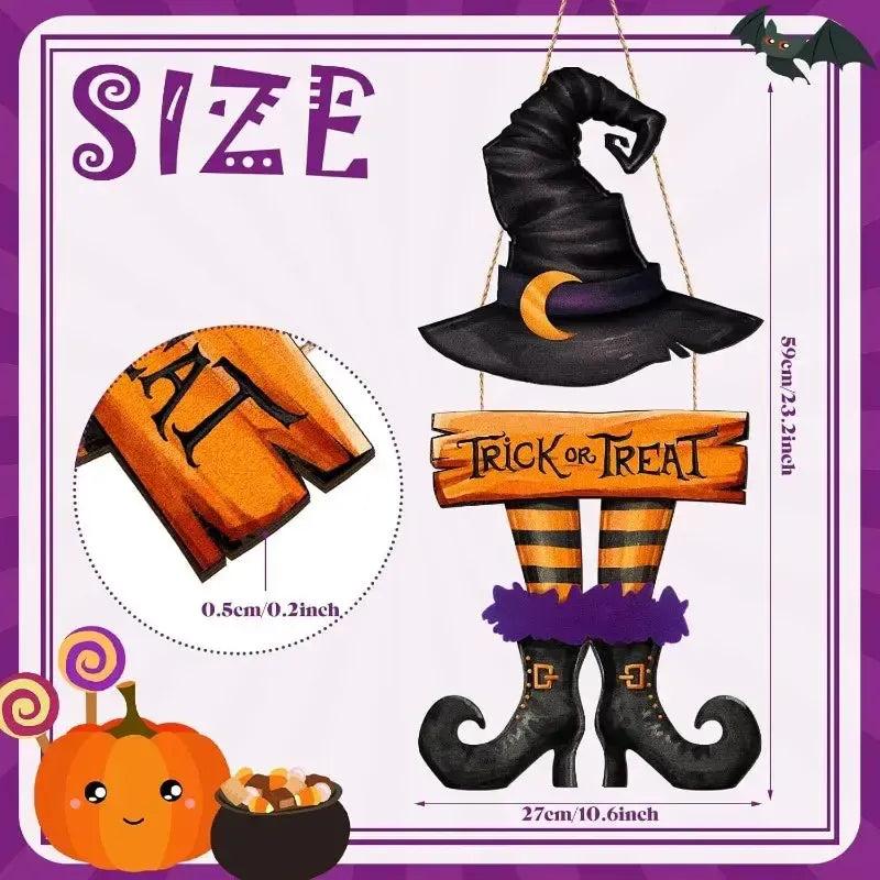 Halloween Witch Wreath Door Sign – Wooden 'Trick or Treat' Hanging Plaque-MoonChildWorld