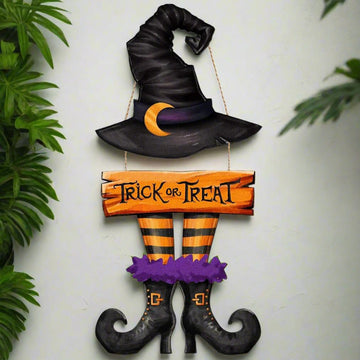 Halloween Witch Wreath Door Sign – Wooden 'Trick or Treat' Hanging Plaque-MoonChildWorld