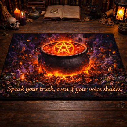 Gothic Halloween doormat with a glowing cauldron, pentagram, fire, and "Speak your truth" quote.
