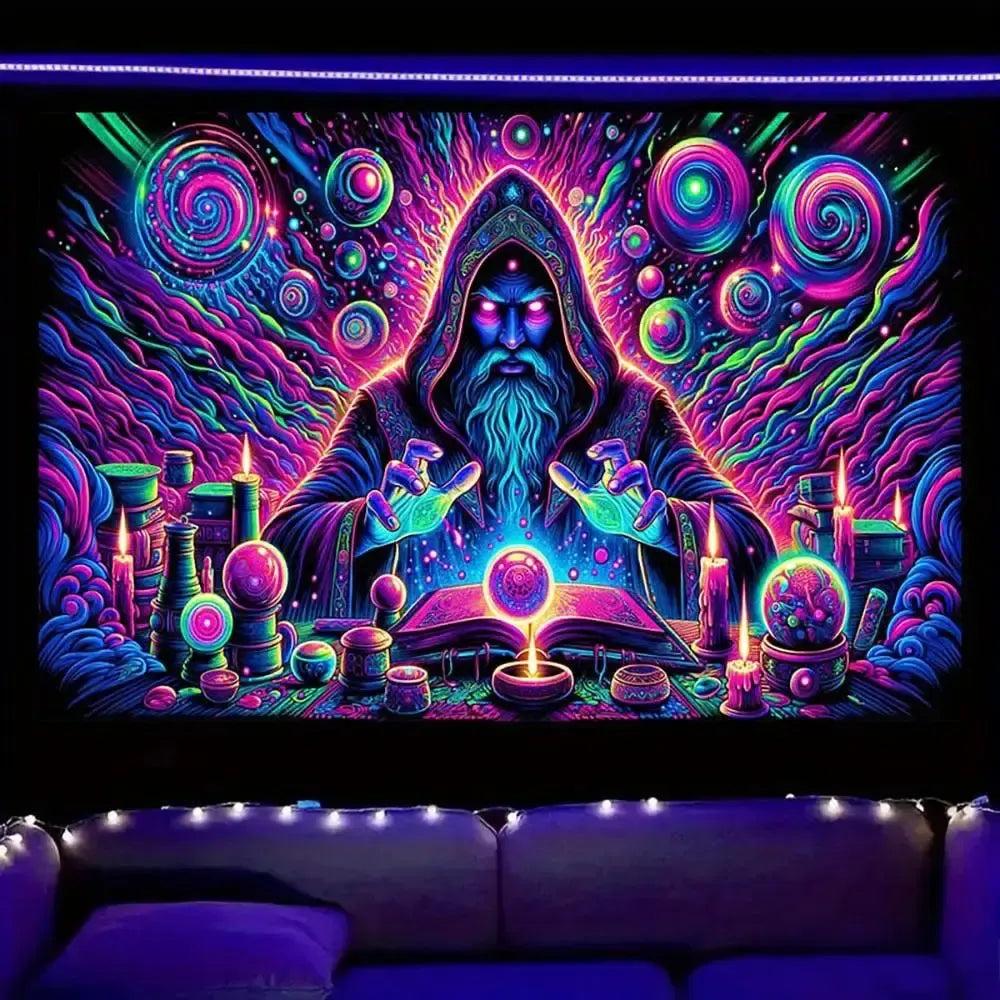 Halloween Wizard Fluorescent Tapestry Blacklight Tapestry Wizard Tapestry UV Reactive Neon Tapestry-MoonChildWorld