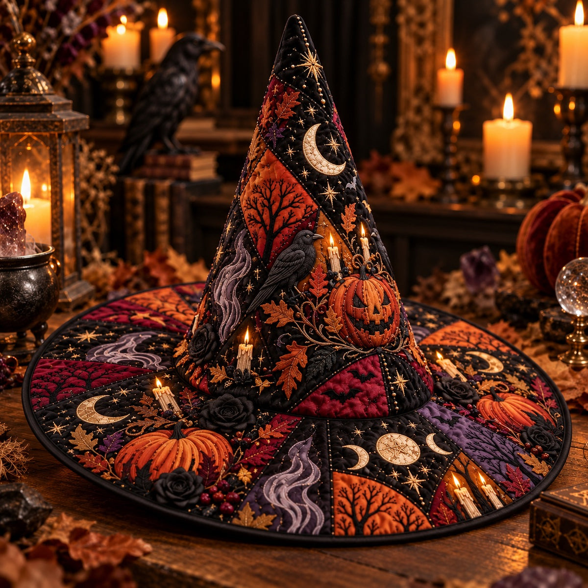 Hallows Eve Quilted Witch Hat – Pumpkin Samhain Wide Brim Hat – styled with candles and crystals