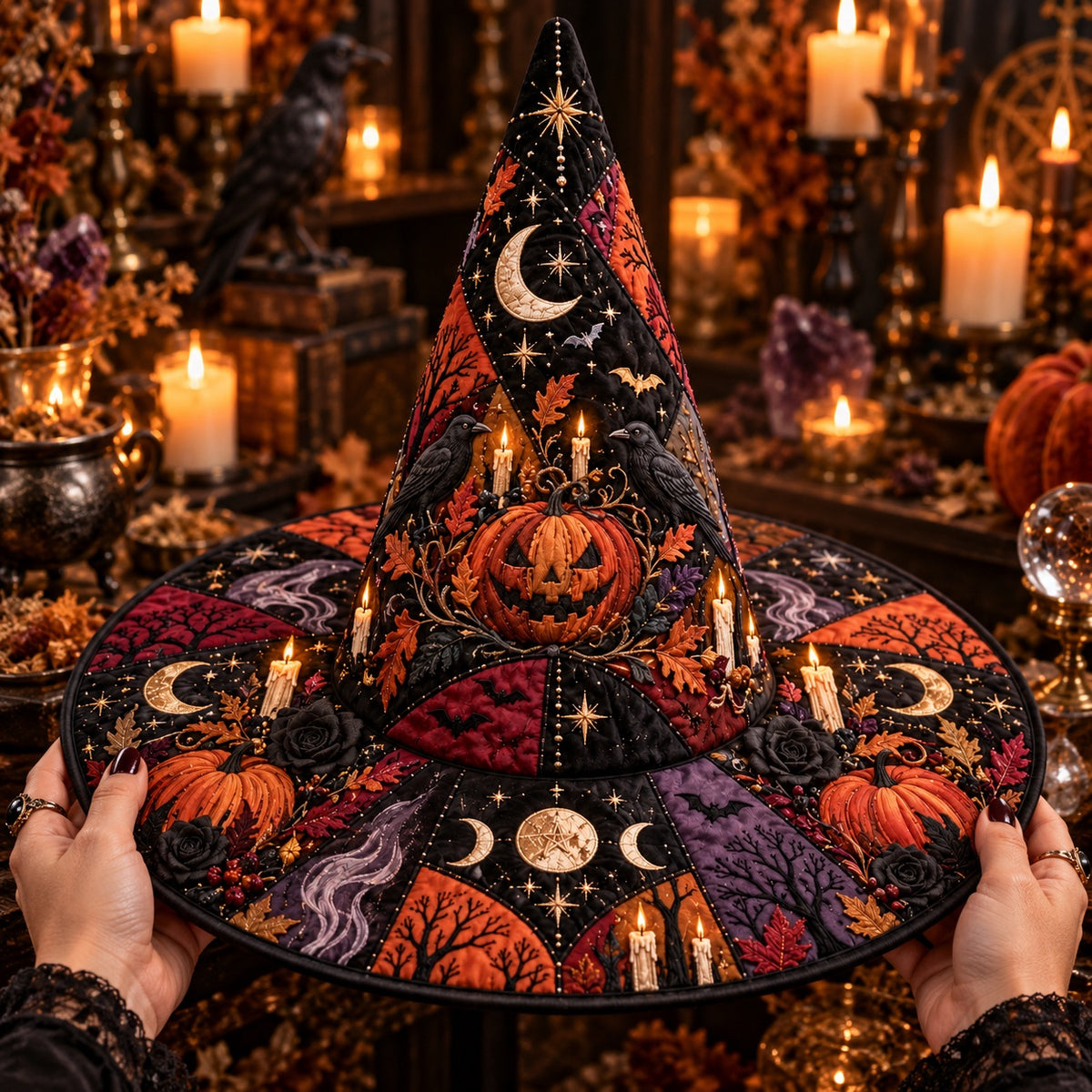 Hallows Eve Quilted Witch Hat – Pumpkin Samhain Wide Brim Hat – held in both hands