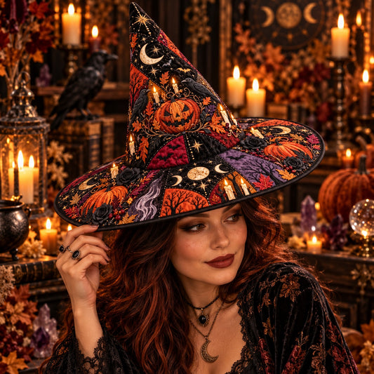 Hallows Eve Quilted Witch Hat – Pumpkin Samhain Wide Brim Hat – worn by a model