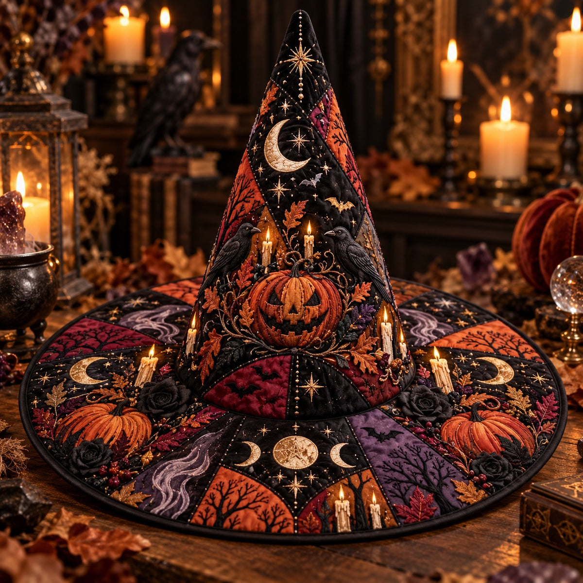 Hallows Eve Quilted Witch Hat – Pumpkin Samhain Wide Brim Hat – styled with candles and crystals