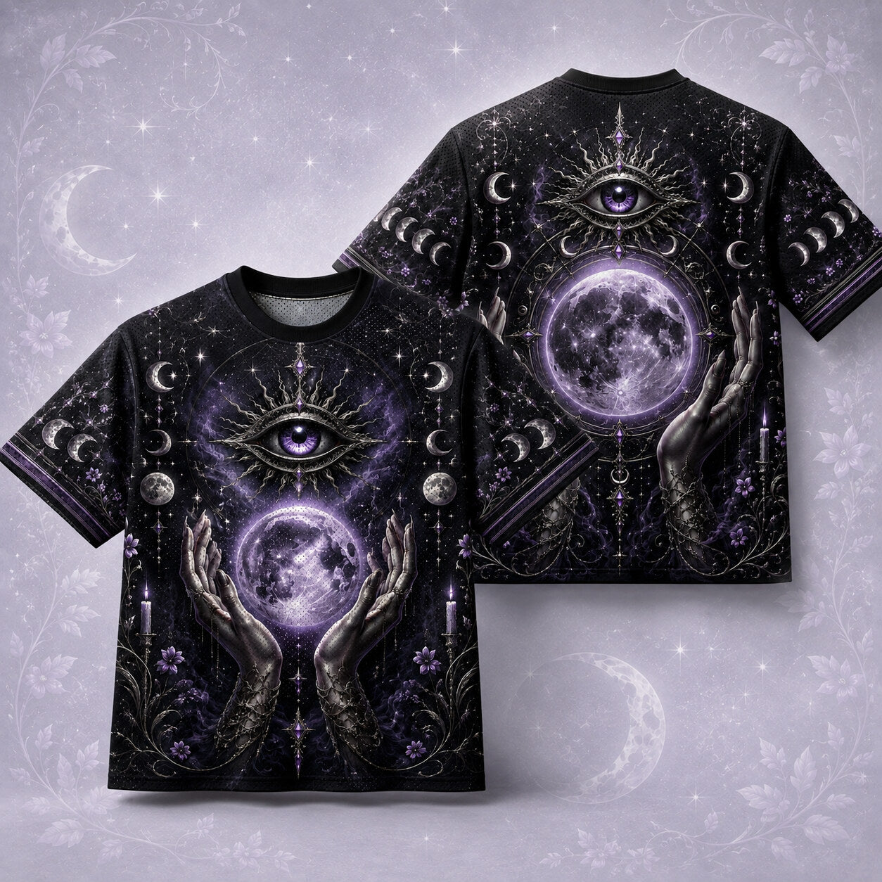 Hands Holding The Moon T-Shirt All Seeing Eye Celestial Tee front and back together