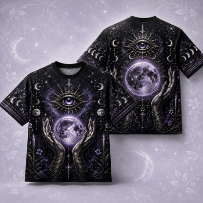 Hands Holding The Moon T-Shirt All Seeing Eye Celestial Tee front and back together