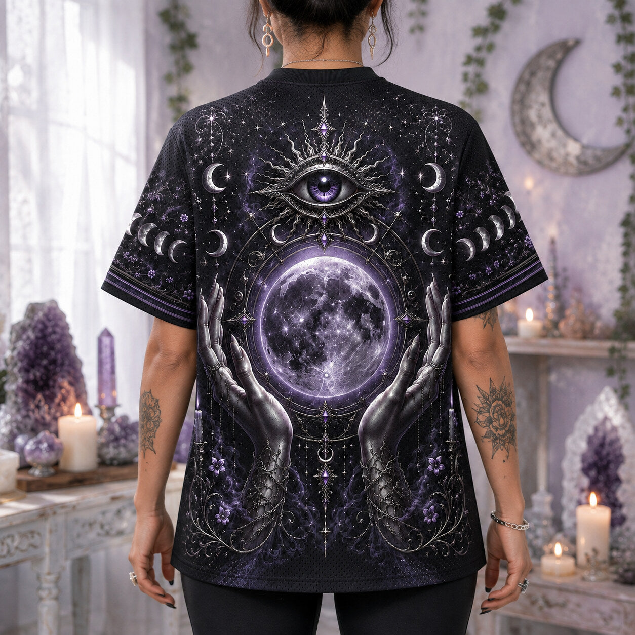 Hands Holding The Moon T-Shirt All Seeing Eye Celestial Tee worn, back view