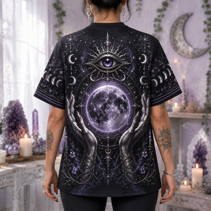 Hands Holding The Moon T-Shirt All Seeing Eye Celestial Tee worn, back view