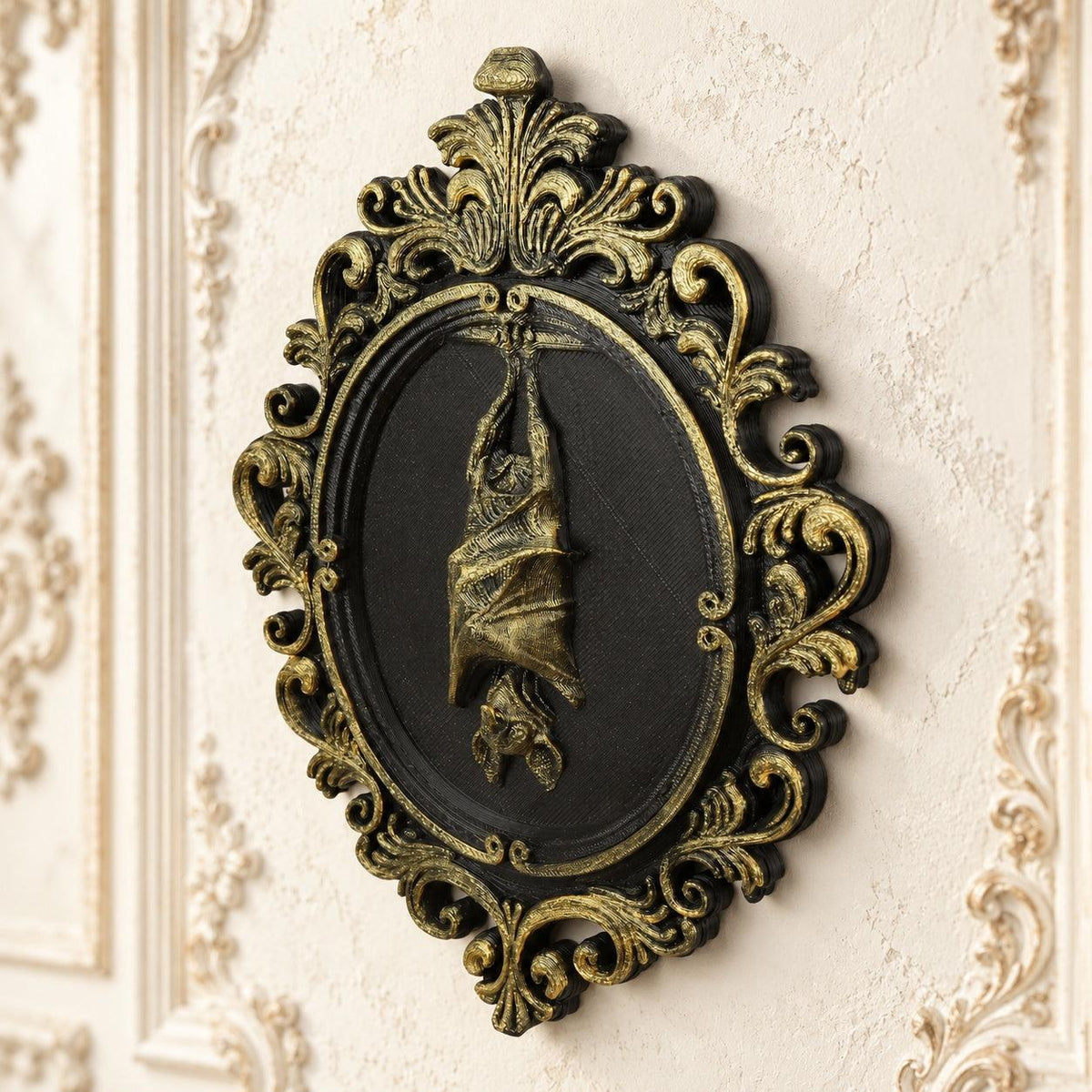 Hanging Bat Relief Wall Plaque Vintage Baroque Halloween Decor — view 2 showing carved details in a bright gothic vintage setting