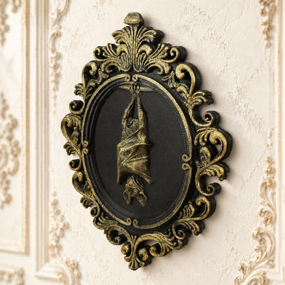 Hanging Bat Relief Wall Plaque Vintage Baroque Halloween Decor — view 2 showing carved details in a bright gothic vintage setting