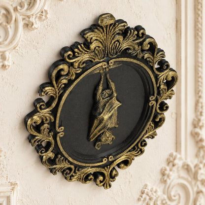 Hanging Bat Relief Wall Plaque Vintage Baroque Halloween Decor — view 3 showing carved details in a bright gothic vintage setting
