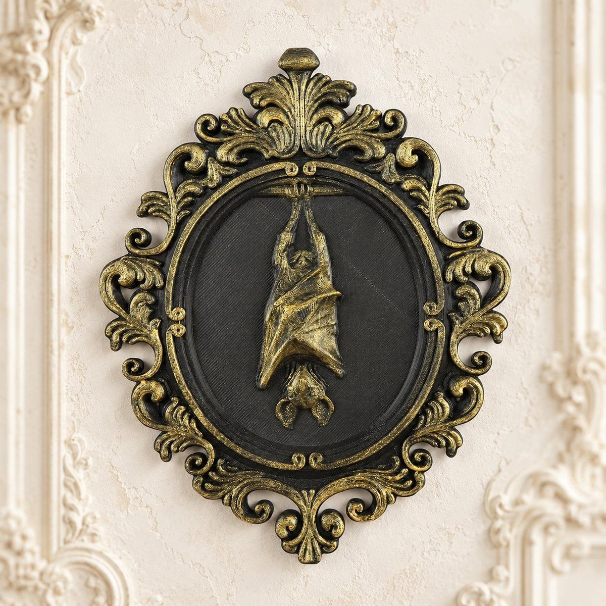 Hanging Bat Relief Wall Plaque Vintage Baroque Halloween Decor — view 1 showing carved details in a bright gothic vintage setting