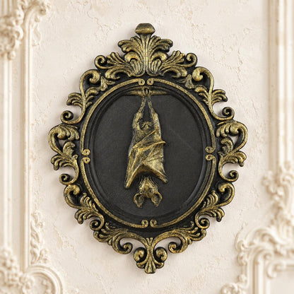 Hanging Bat Relief Wall Plaque Vintage Baroque Halloween Decor — view 1 showing carved details in a bright gothic vintage setting
