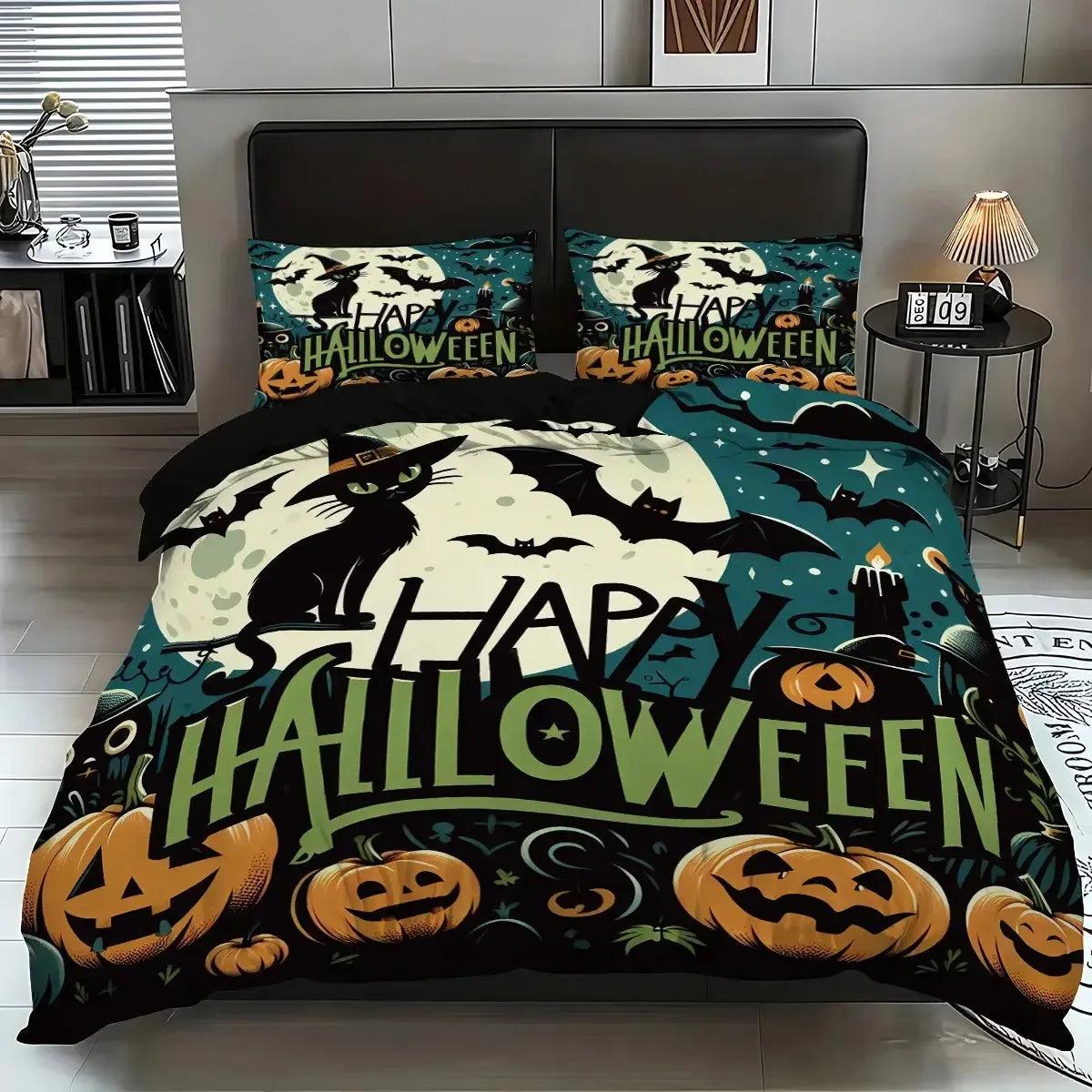 Happy Halloween Bedding Set Gothic Skull and Black Cat Duvet Cover for Witch Home Decor-MoonChildWorld