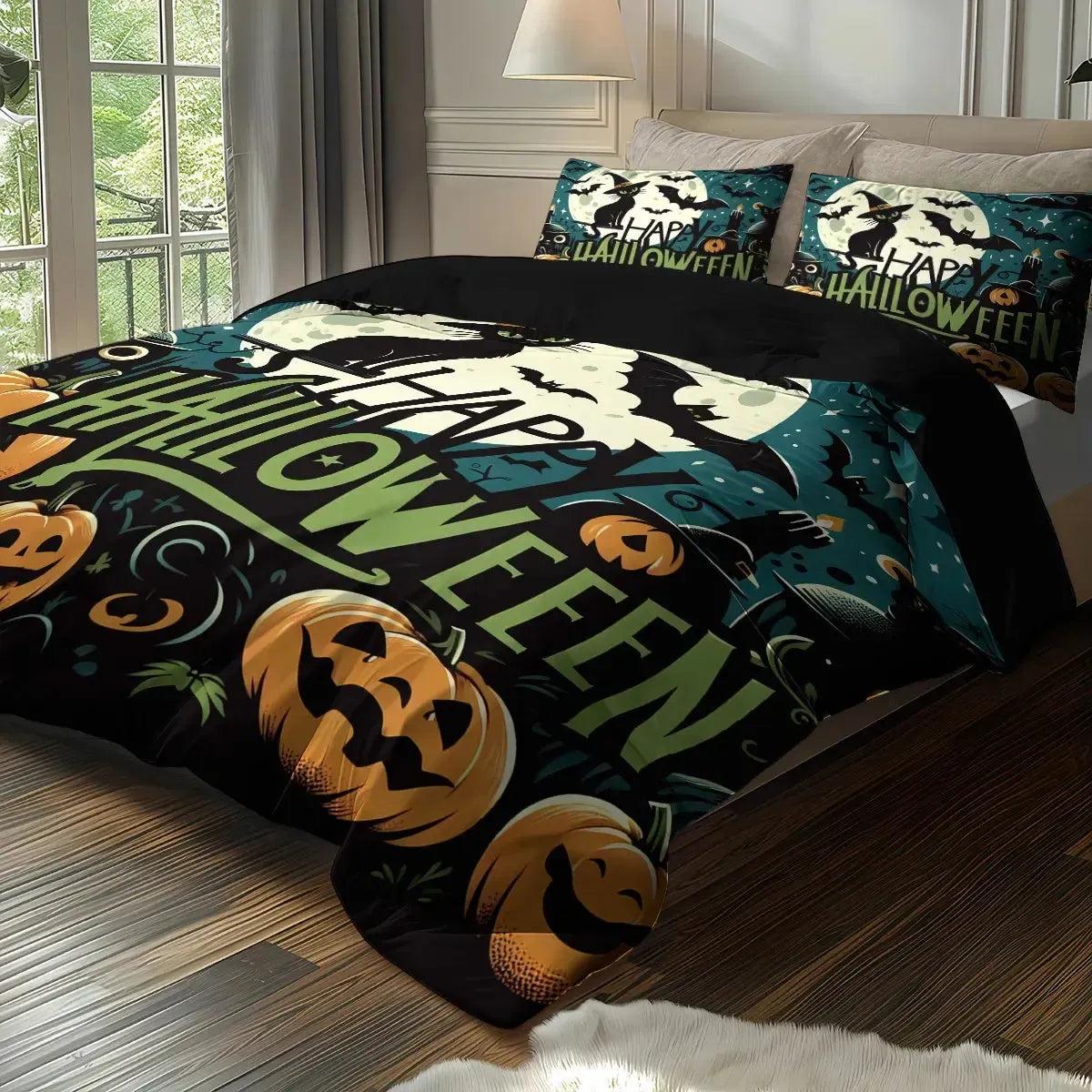 Happy Halloween Bedding Set Gothic Skull and Black Cat Duvet Cover for Witch Home Decor-MoonChildWorld