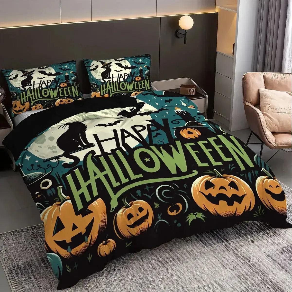 Happy Halloween Bedding Set Gothic Skull and Black Cat Duvet Cover for Witch Home Decor-MoonChildWorld