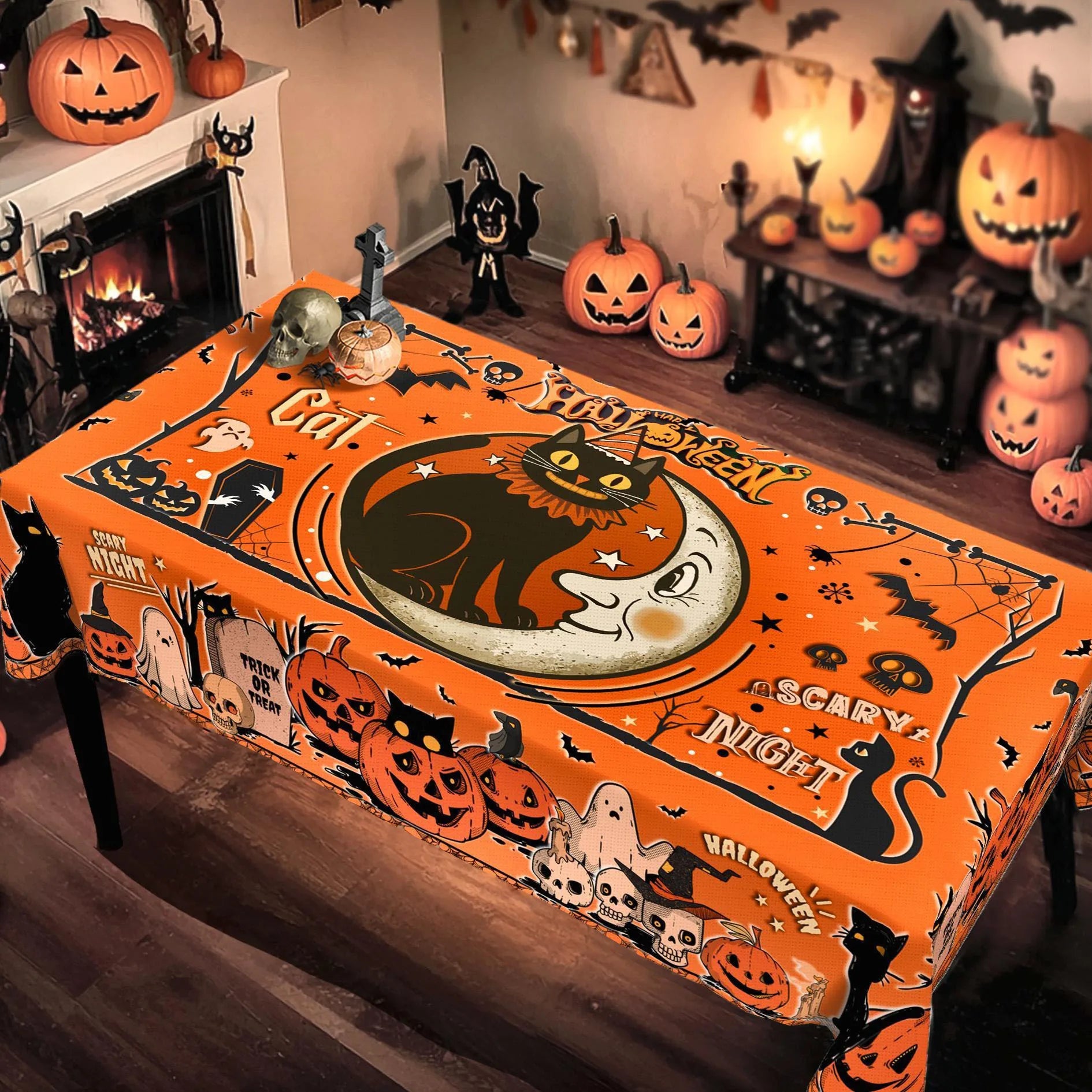 Happy Halloween Black Cat Moon Skull Tablecloth Witchy Decor-MoonChildWorld