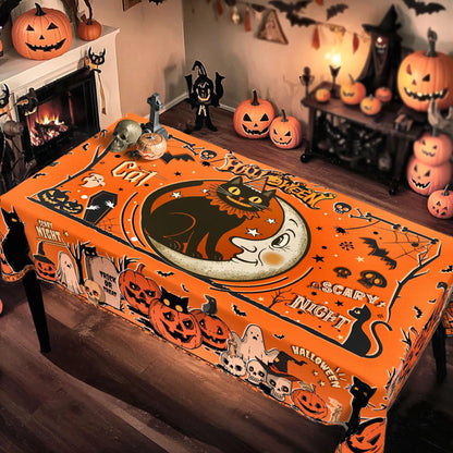 Happy Halloween Black Cat Moon Skull Tablecloth Witchy Decor-MoonChildWorld