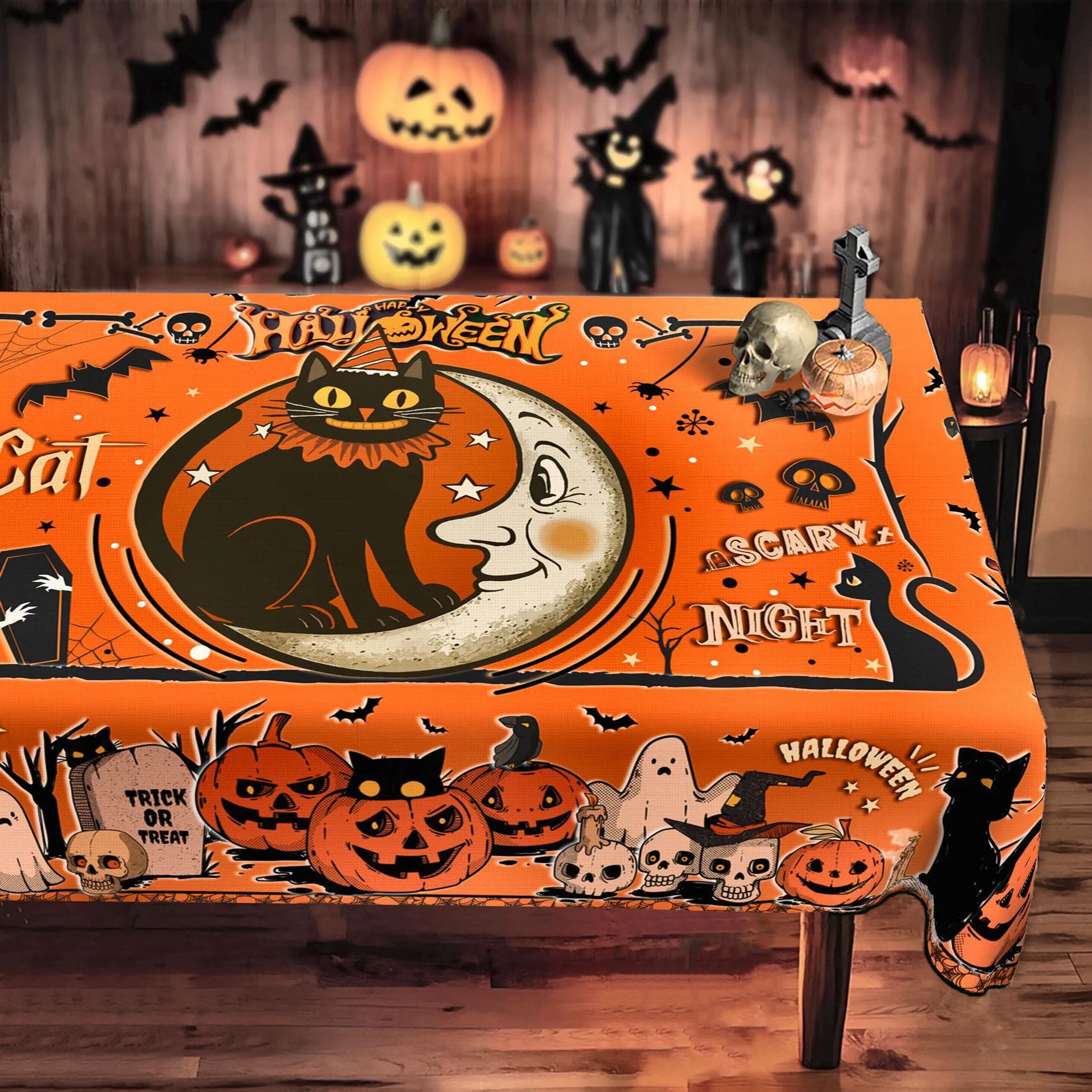 Happy Halloween Black Cat Moon Skull Tablecloth Witchy Decor-MoonChildWorld