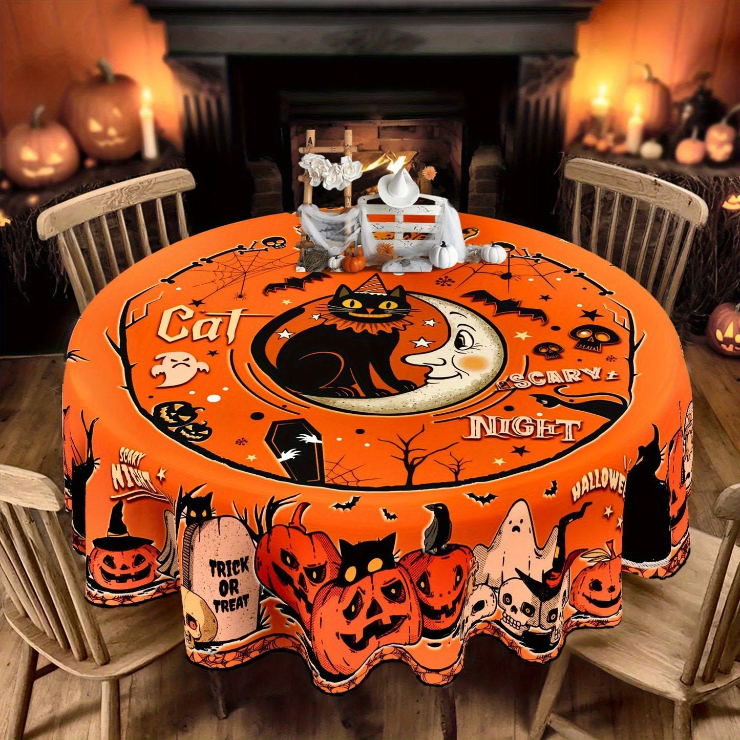 Happy Halloween Black Cat Moon Skull Tablecloth Witchy Decor-MoonChildWorld