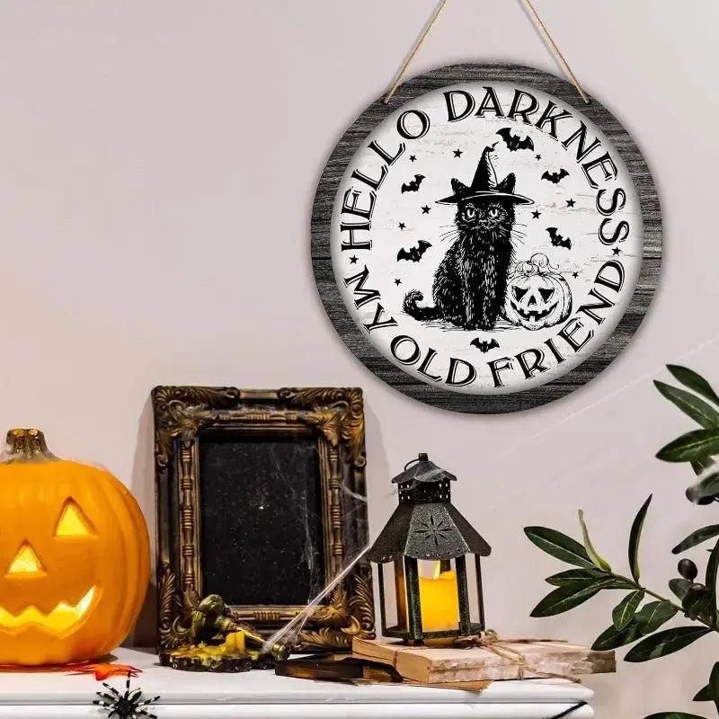 Happy Halloween Black Cat Wooden Sign Witchy Wall Decor - Cute Spooky Hanging Sign-MoonChildWorld