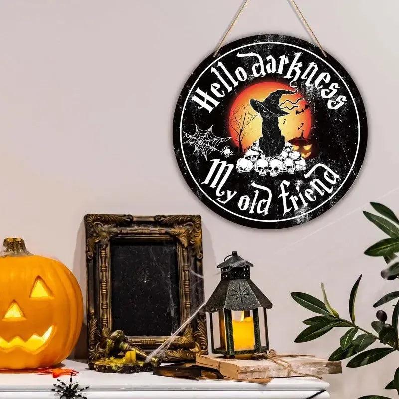 Happy Halloween Black Cat Wooden Sign Witchy Wall Decor - Cute Spooky Hanging Sign-MoonChildWorld
