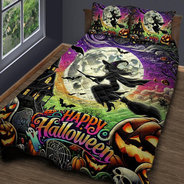 Happy Halloween Flying Witch Quilt Bedding Set for Spooky Home Decor-MoonChildWorld