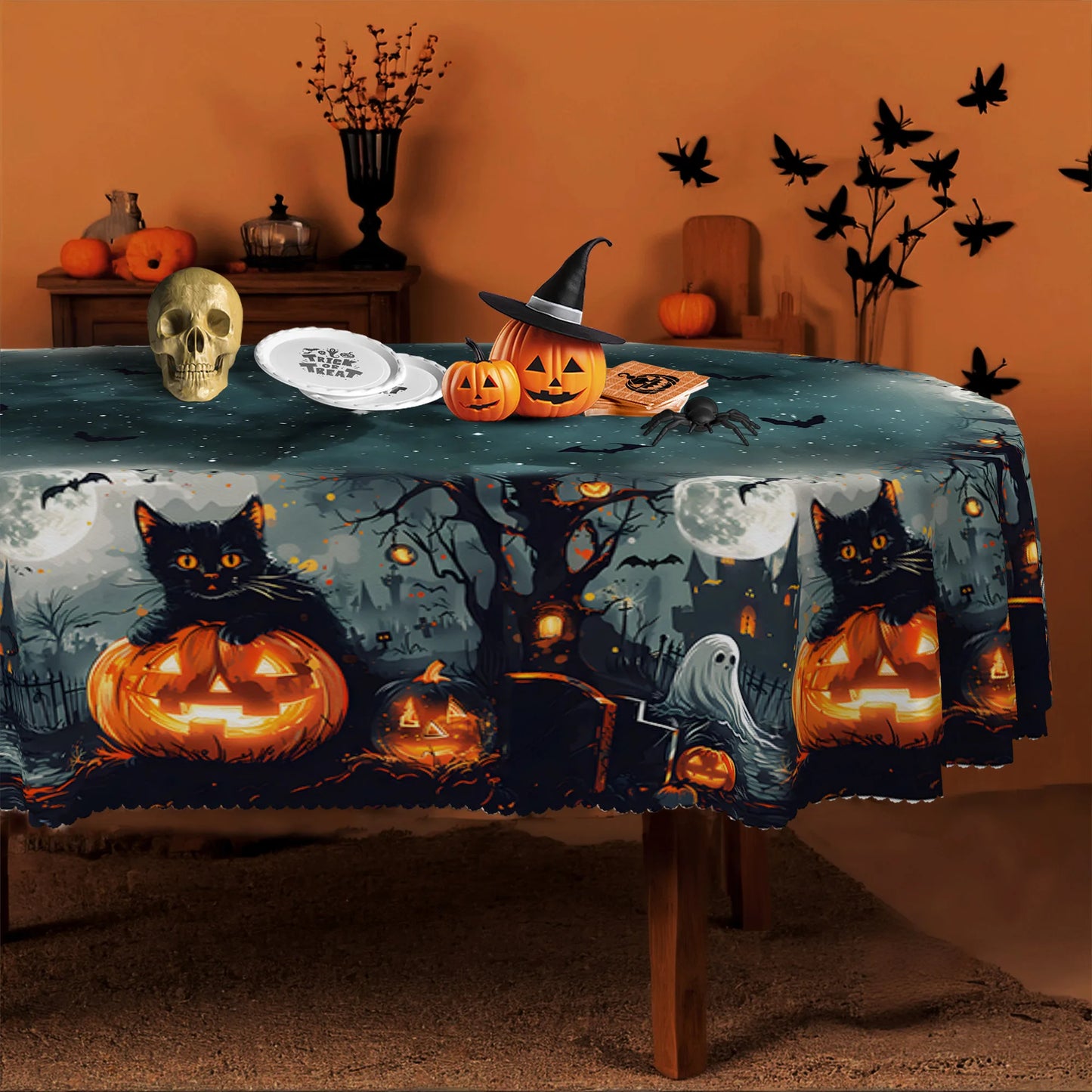 Happy Halloween Rectangle Tablecloth Spooky Party Table Decor-MoonChildWorld
