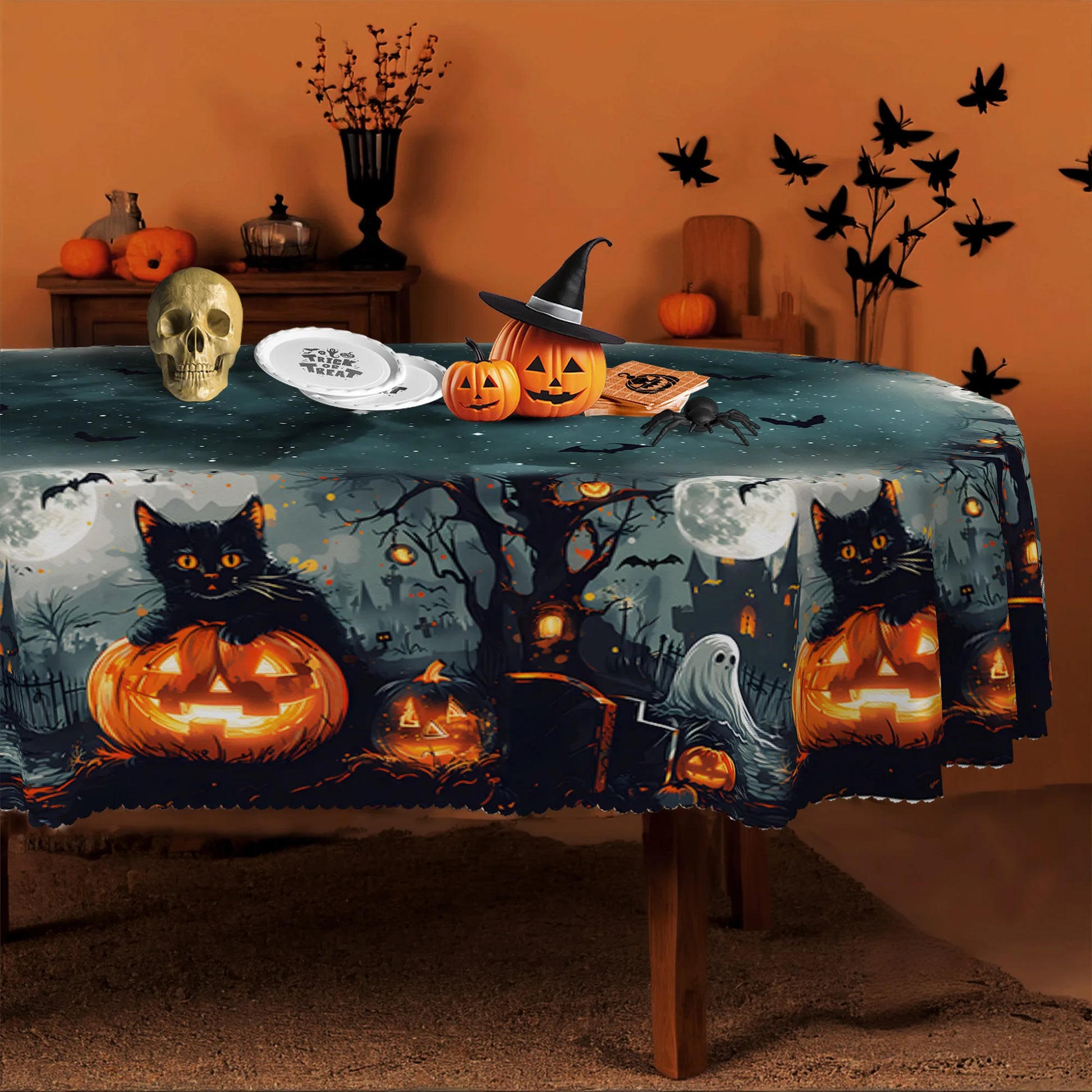 Happy Halloween Rectangle Tablecloth Spooky Party Table Decor-MoonChildWorld