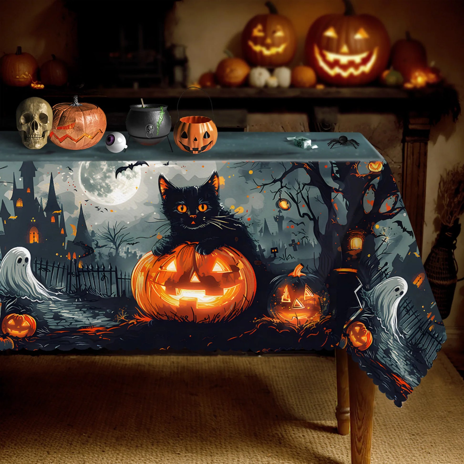 Happy Halloween Rectangle Tablecloth Spooky Party Table Decor-MoonChildWorld