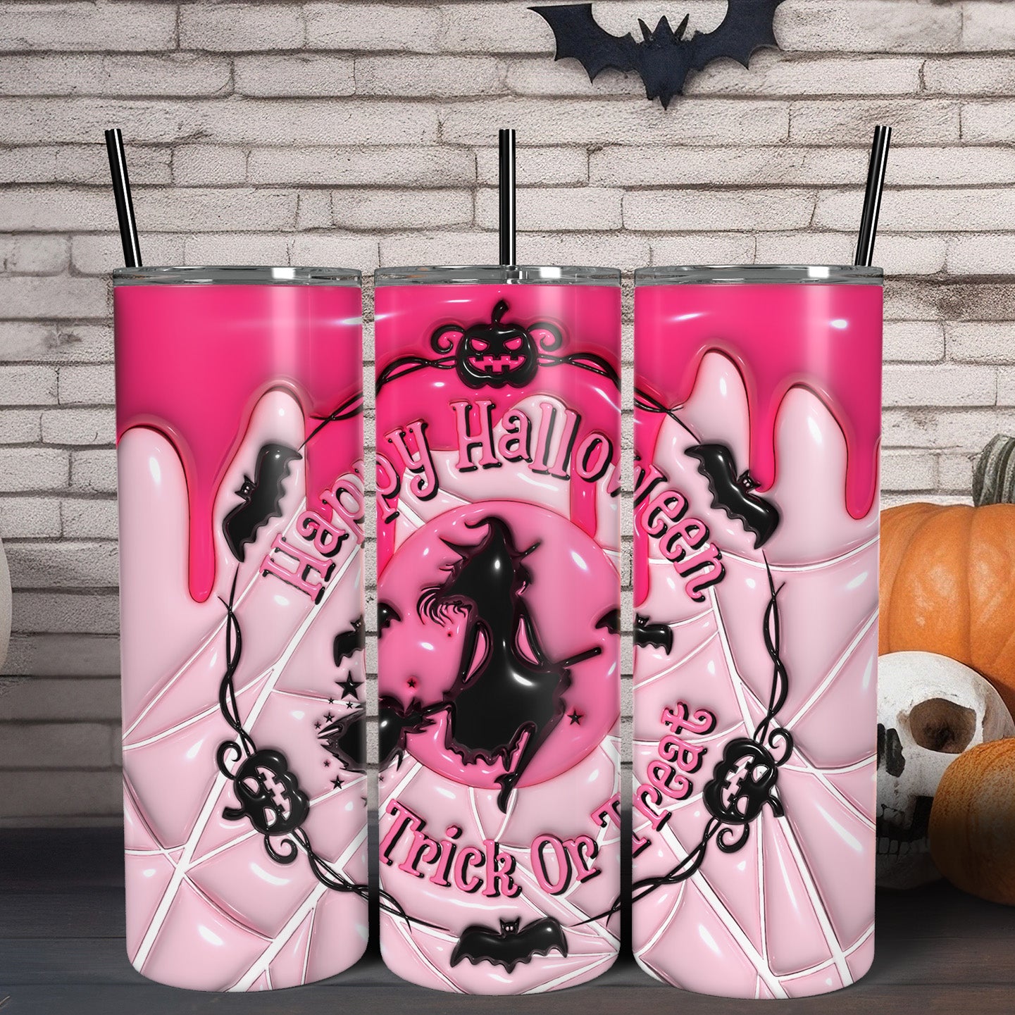 Happy Halloween Skinny Tumbler with Lid and Straw-MoonChildWorld